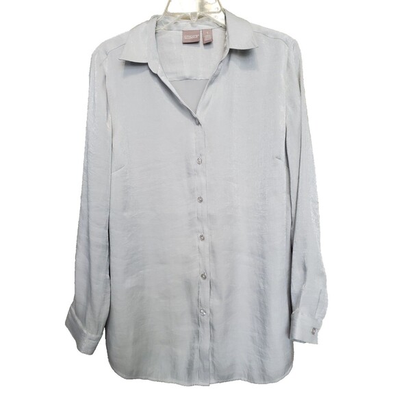 Chico's Silver Shimmer Long Sleeve Button-Up Shirt Size 1 Medium - Picture 1 of 6